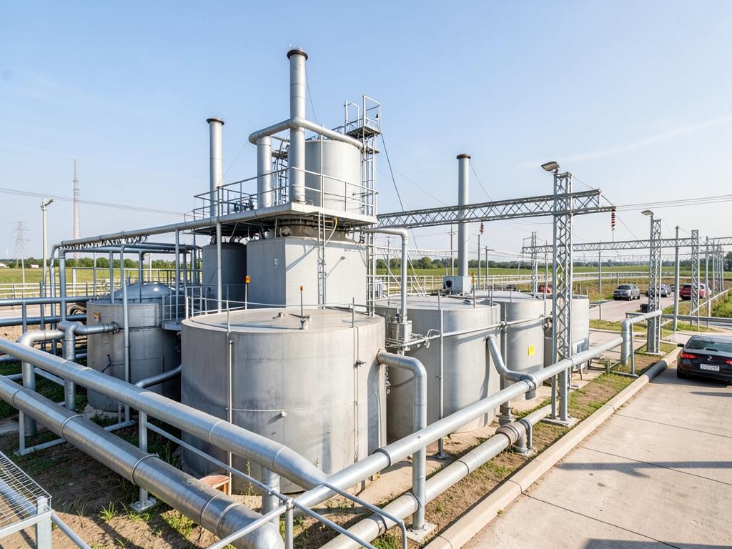 Planta de tratamiento de agua con tanques y tuberías